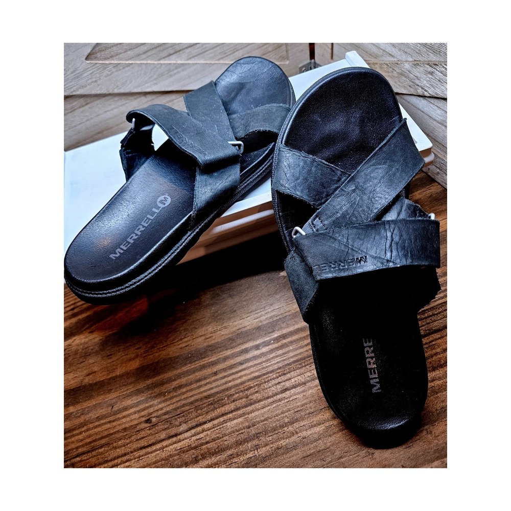 Merrell‎ Leather Crisscross Slides Sandals Women 6 Black J94140 Performance #562